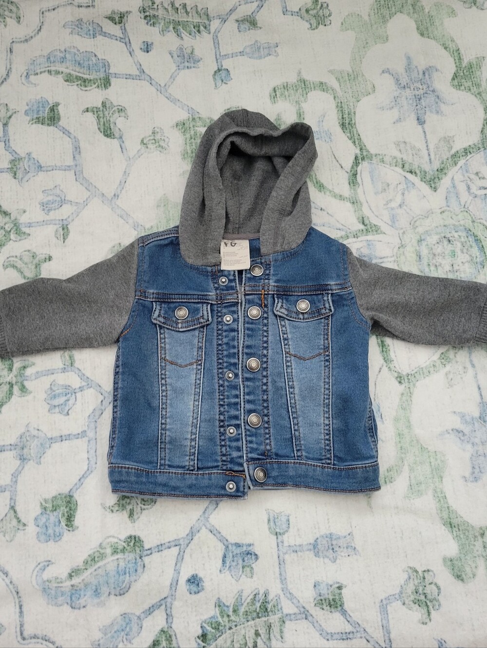 Baby Blue Denim Jacket with Gray Hood & Sleeves